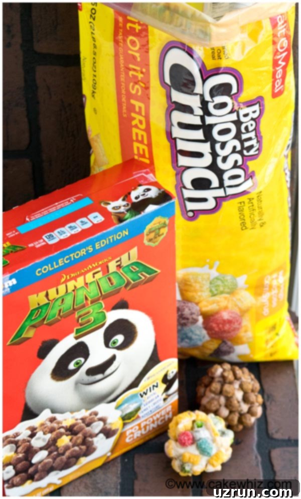 No-Bake Rainbow Cereal Balls 4 Boxes of Cereal on Brick Background