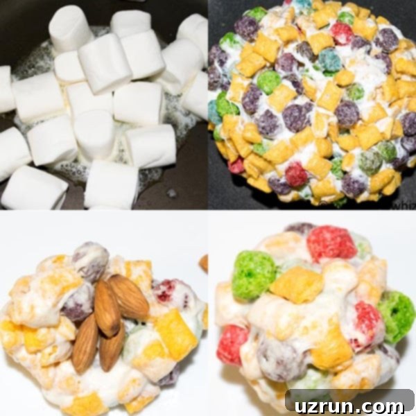 No-Bake Rainbow Cereal Balls 7 Collage Image With Step By Step Process Shots For Making Cereal Balls