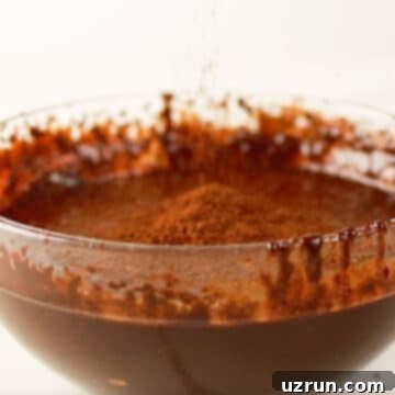 Fudgy Chocolate Orange Brownies 7 Cocoa powder added to batter in glass bowl.