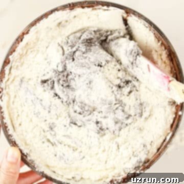 Fudgy Chocolate Orange Brownies 8 Flour added to batter in glass bowl.