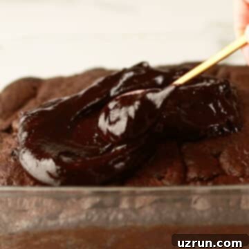 Fudgy Chocolate Orange Brownies 10 Chocolate frosting being spread on top of room temperature brownies.