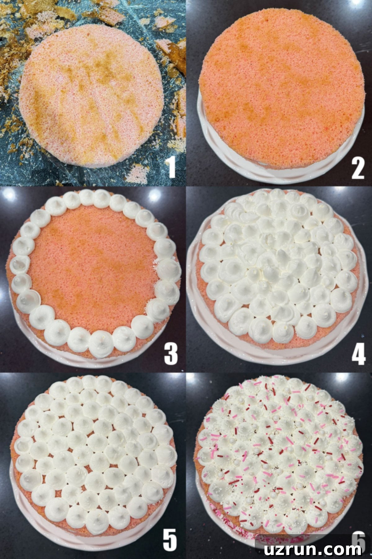 Easy Strawberry Pink Champagne Cake 5 Collage Image With Step by Step Process Shots on How to Make Champagne Cake.