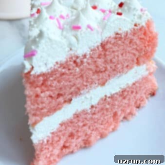 Easy Strawberry Pink Champagne Cake 8 Pink Champagne Cake Slice on White Dish