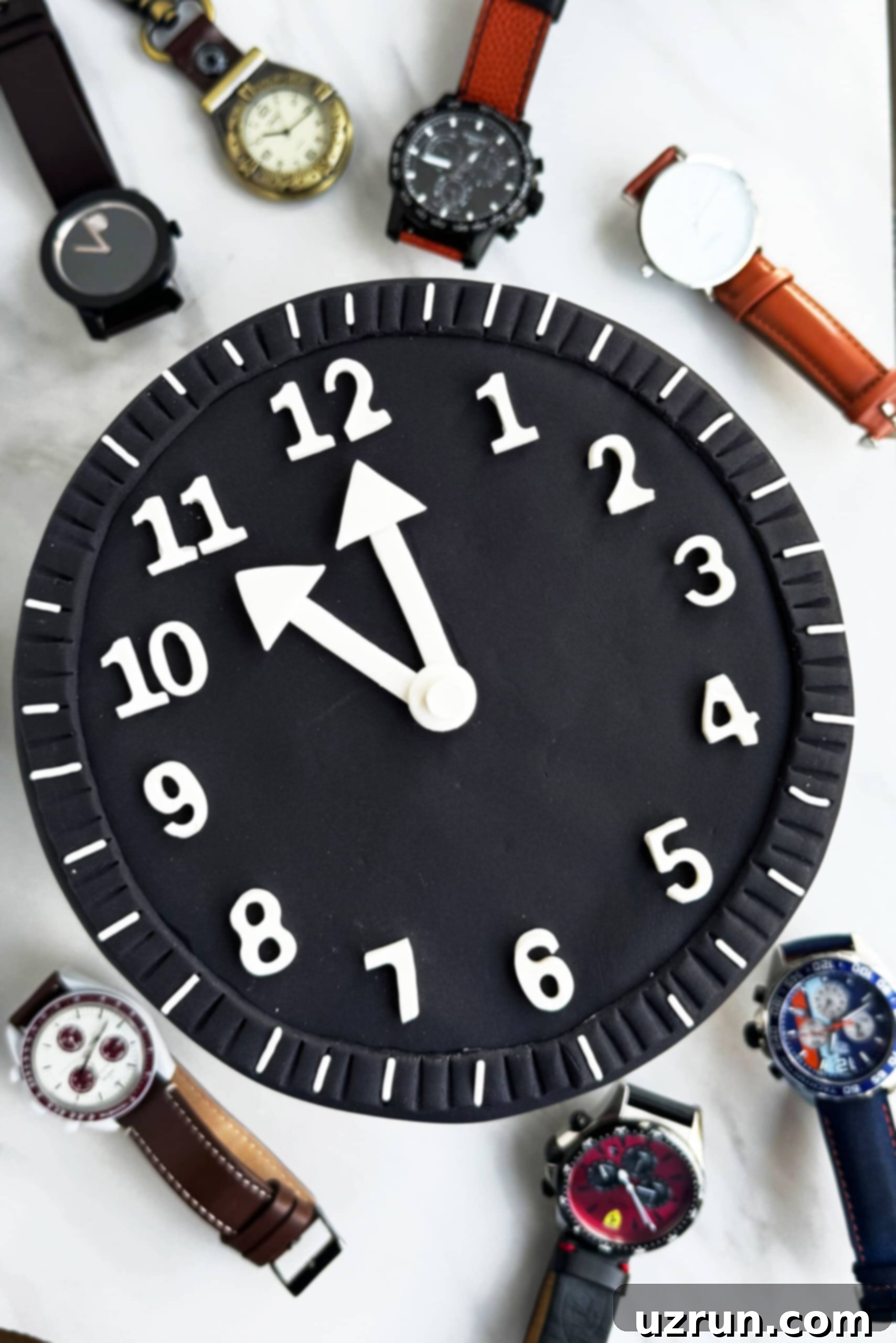 Easy Clock Cake on White Marble Background- Overhead Shot.