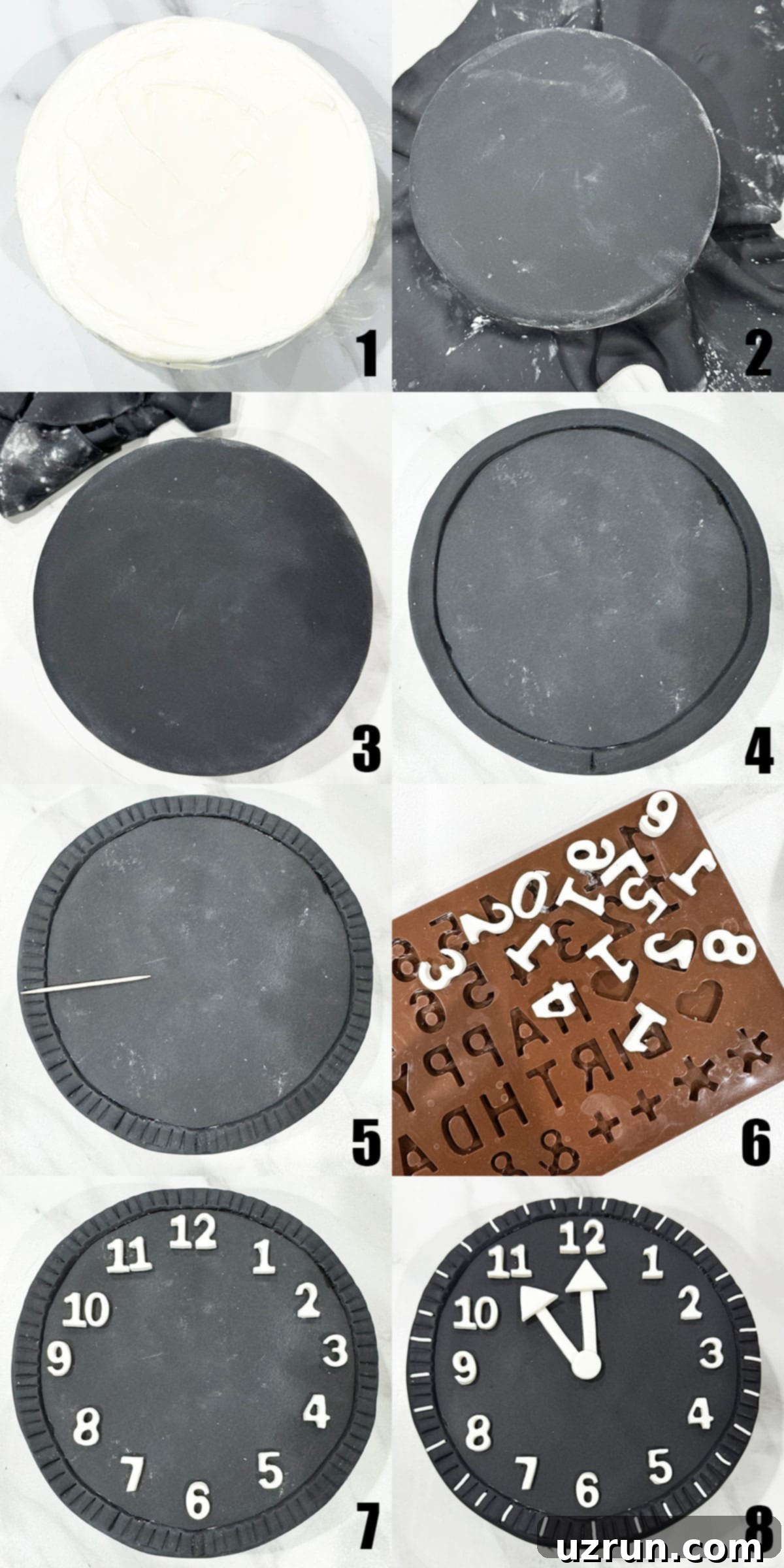Easy New Year Clock Cake 4 Collage Image With Step by Step Process Shots on How to Make Happy New Years Cake (Clock Cake).
