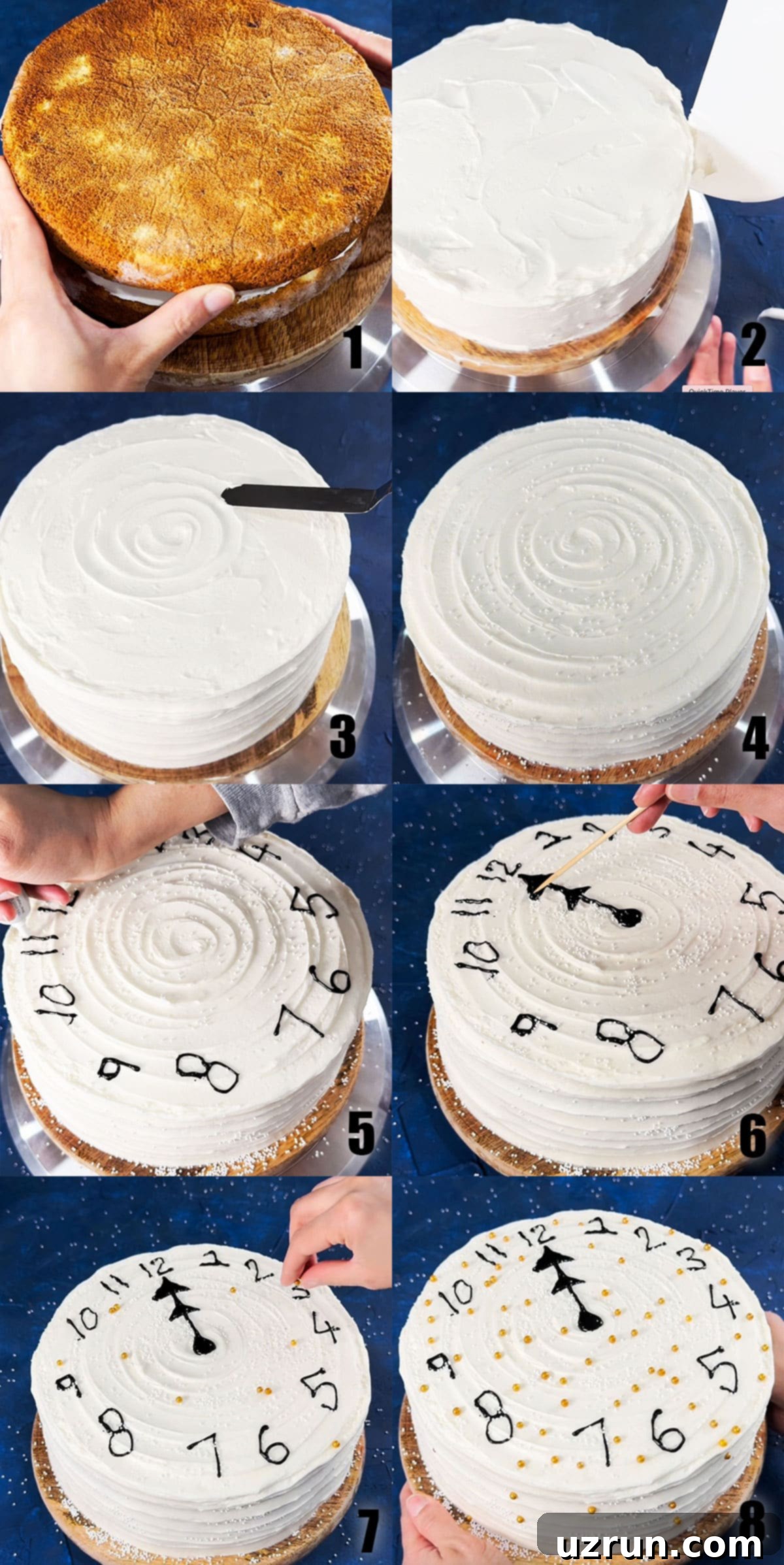 Easy New Year Clock Cake 6 Collage Image With Step by Step Pictures of Easy Cake Decorating Technique.