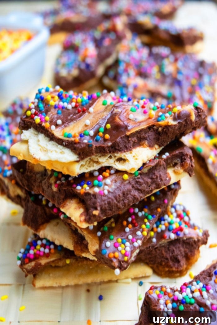 Easy Ripe Banana Dessert Recipes 3 Stack of Easy Saltine Cracker Candy Bark. A delicious no-bake treat with layers of chocolate, peanut butter banana spread, and sprinkles.