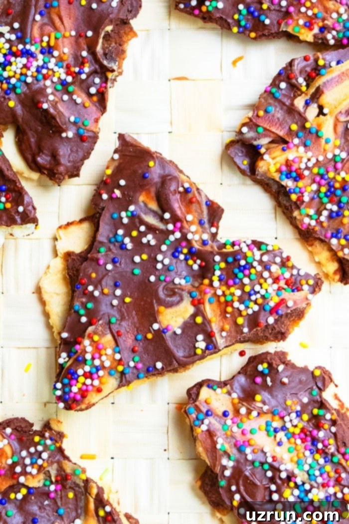 Easy Ripe Banana Dessert Recipes 4 Closeup Shot of Chocolate Peanut Butter Banana Candy Bark- Overhead Shot. Detailed view of the swirled chocolate and banana peanut butter.