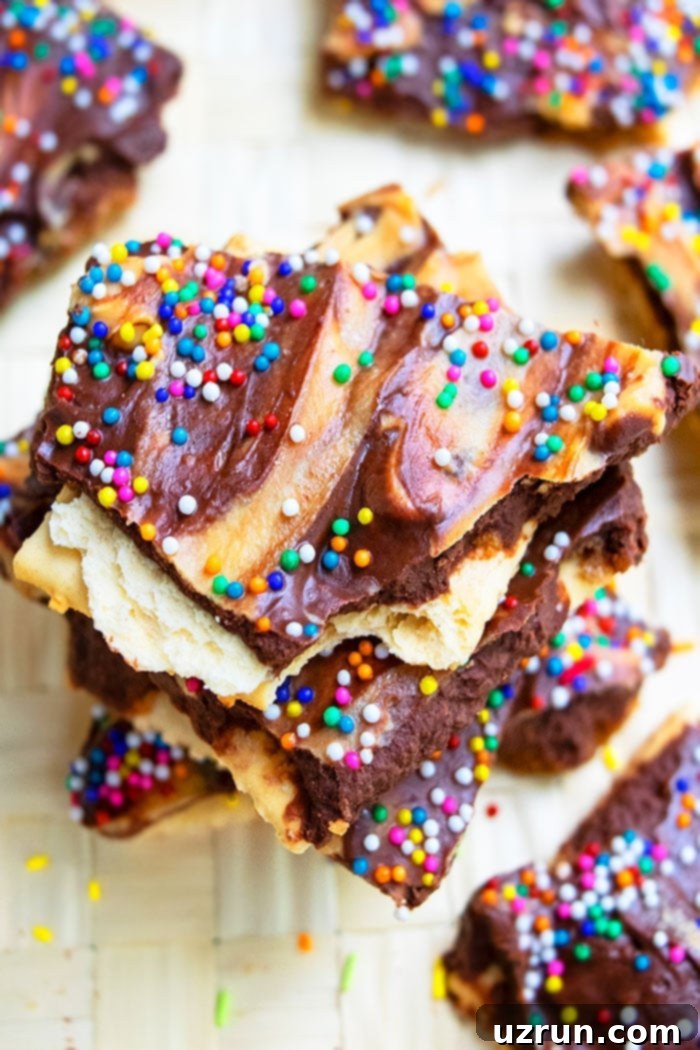 Easy Ripe Banana Dessert Recipes 5 Soda Cracker Candy with Swirls of Banana Peanut Butter Spread and Sprinkles- Placed on Yellow Background . A bright and appealing image of the finished candy.