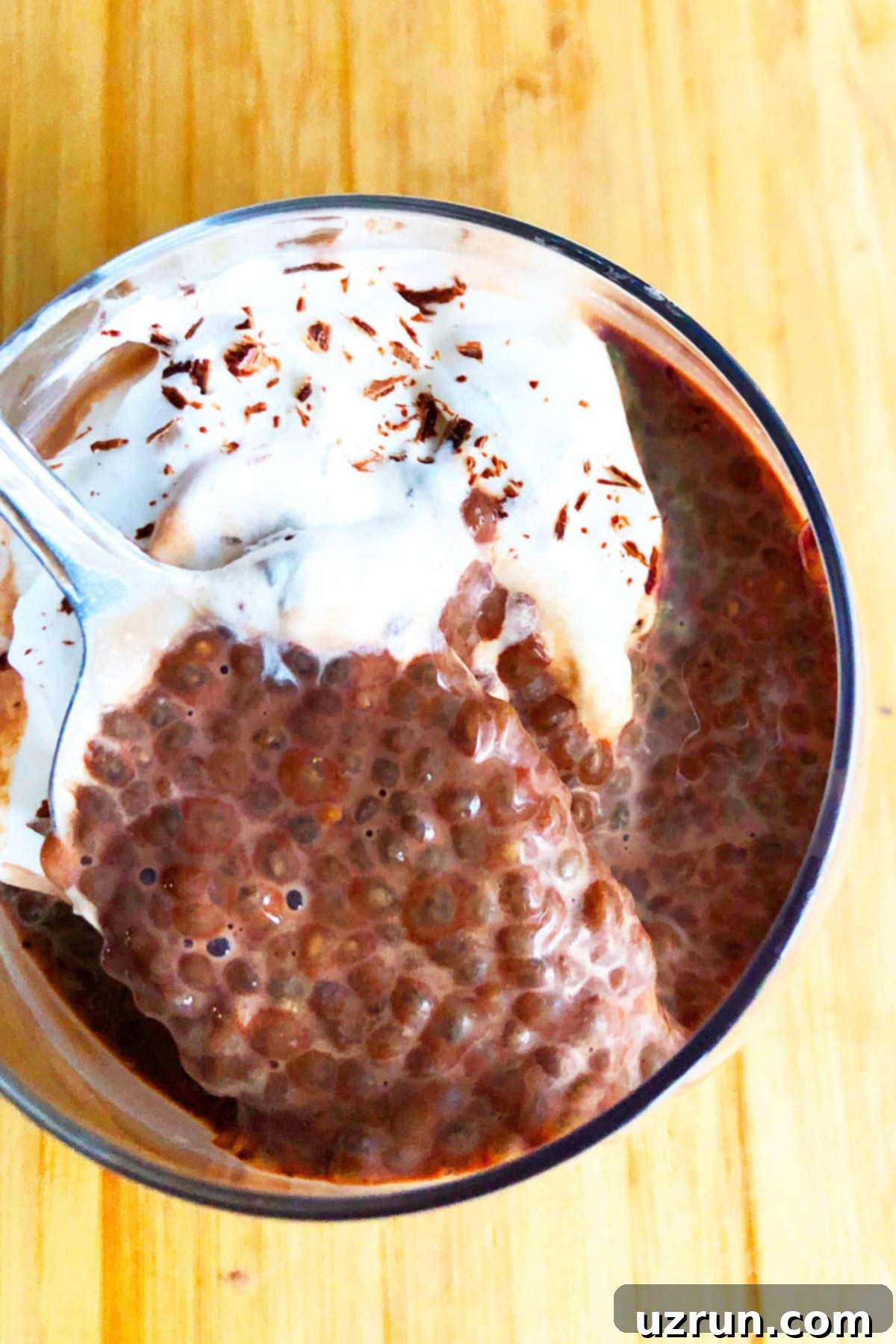 Effortless 5 Ingredient Chocolate Chia Seed Pudding 3 Spoonful of Healthy Chia Pudding With Cocoa Powder in Glass Cup- Closeup Shot.