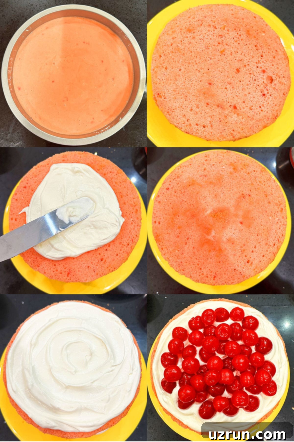 Easy Cherry Cake with Cake Mix 3 Collage Image With Step by Step Pictures on How to Make Cherry Cake