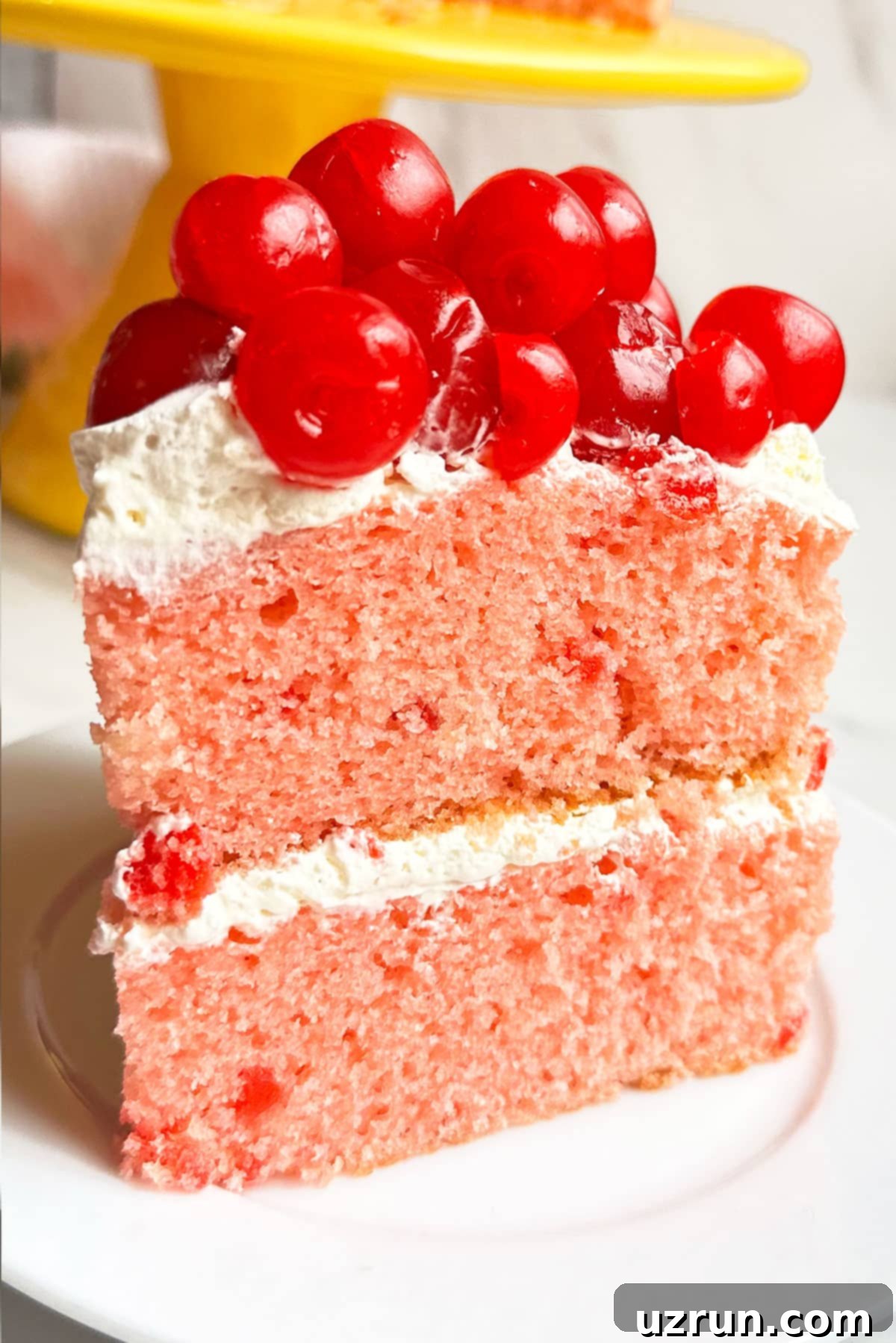 Easy Cherry Cake with Cake Mix 5 Slice of Cake on White Dish With Marble Background