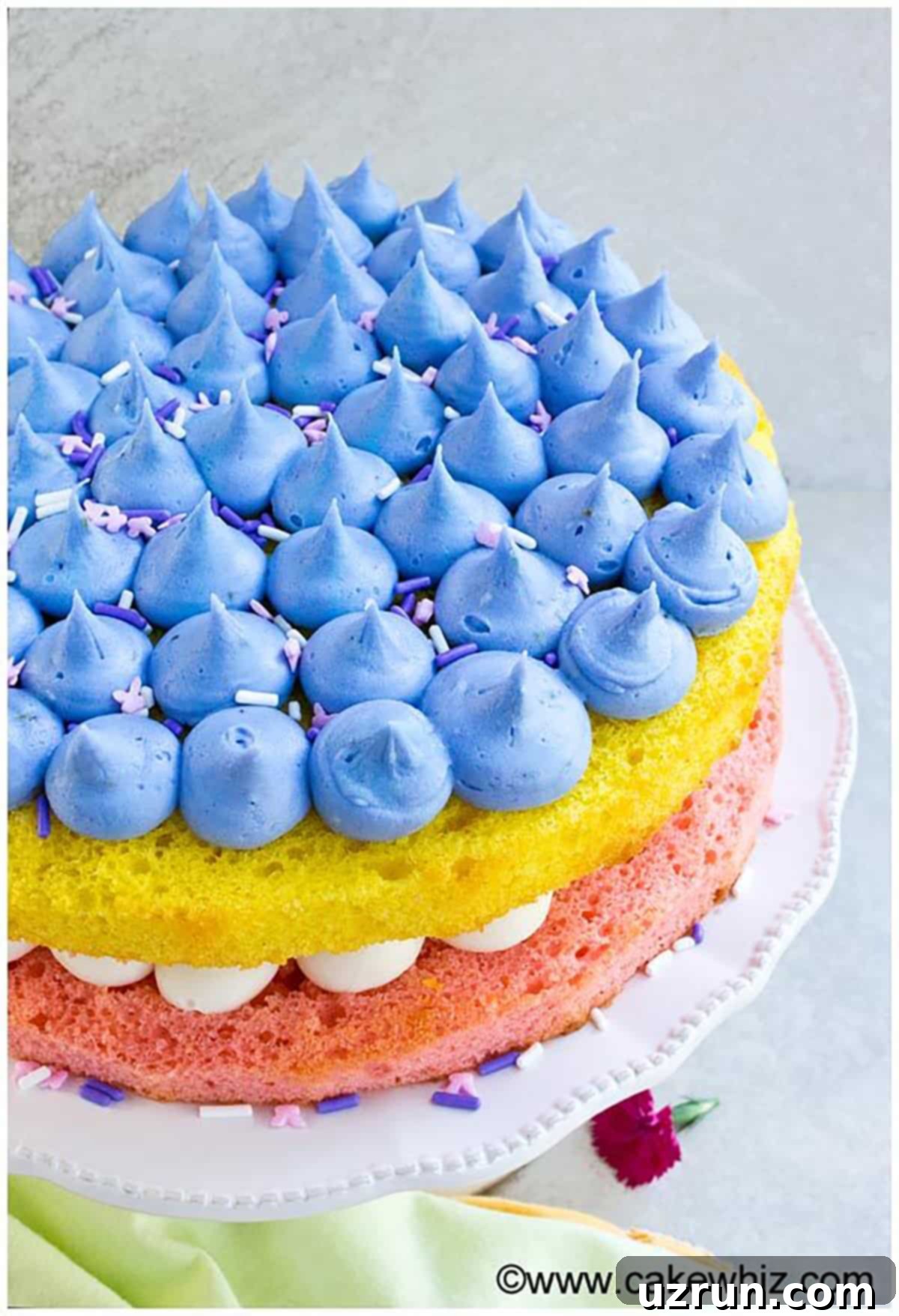 Easy Cherry Cake with Cake Mix 6 Colorful Layer Cake With Buttercream Icing on White Cake Stand