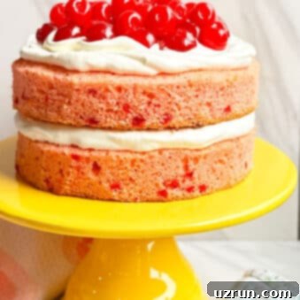 Easy Cherry Cake with Cake Mix 7 Easy Cherry Cake With Cake Mix and Maraschino Cherries on Yellow Cake Stand With Marble Background