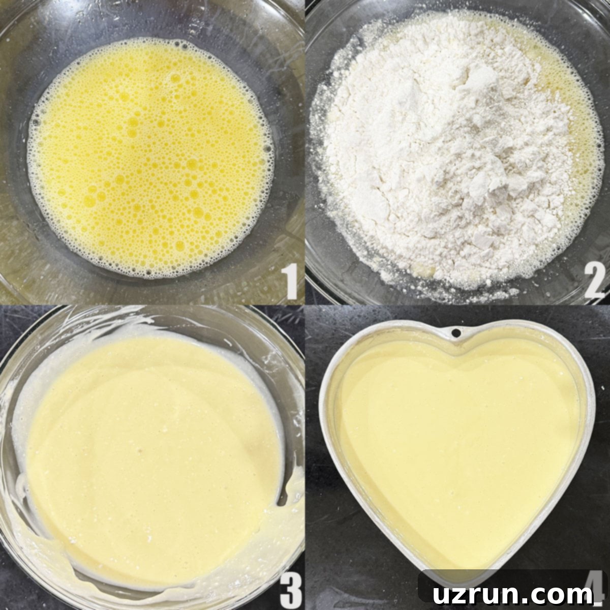 Fragrant Red Rose Cake with Rose Water 4 Collage Image with Step-by-Step Process Shots on How to Make Rose Water Cake. Visual guide showing the stages of mixing ingredients for the rose water cake batter.
