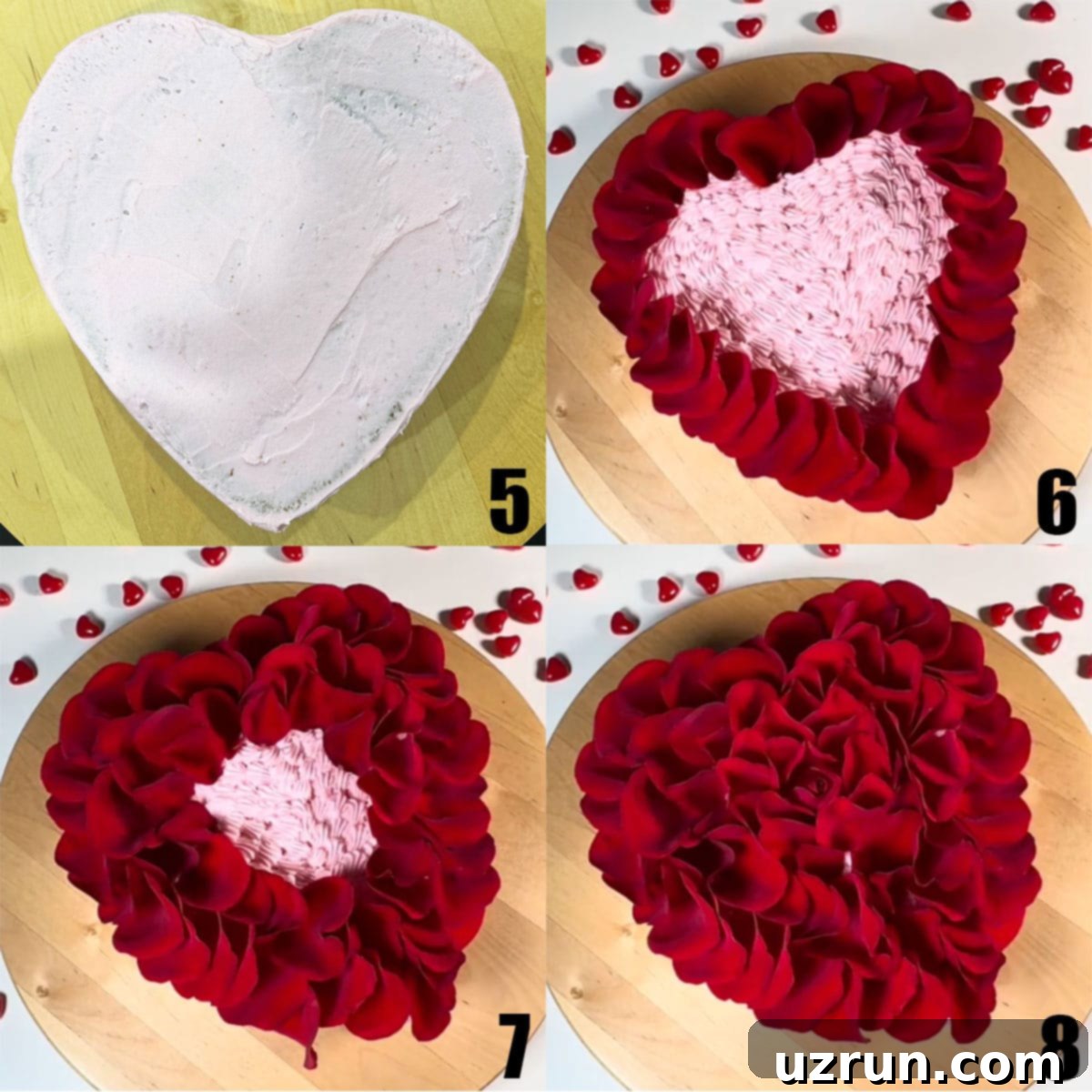 Fragrant Red Rose Cake with Rose Water 5 Collage Image with Step-by-Step Process Shots on How to Decorate Cake with Fresh Flower Petals. Visual guide showing the stages of decorating a cake with fresh rose petals.