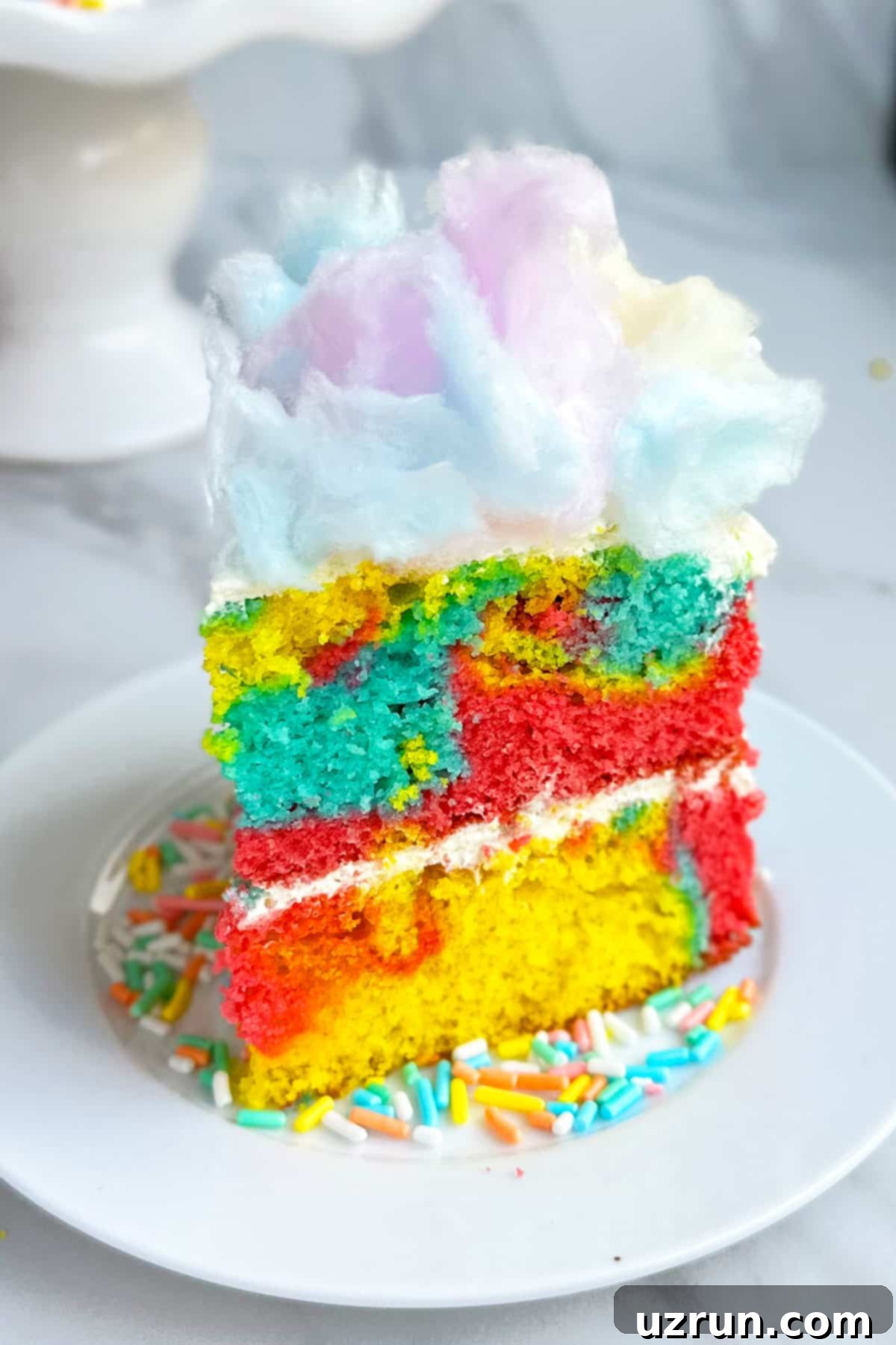 Whimsical Cake Mix Cotton Candy Cake 4 Slice of Colorful Layer Cake on White Dish.