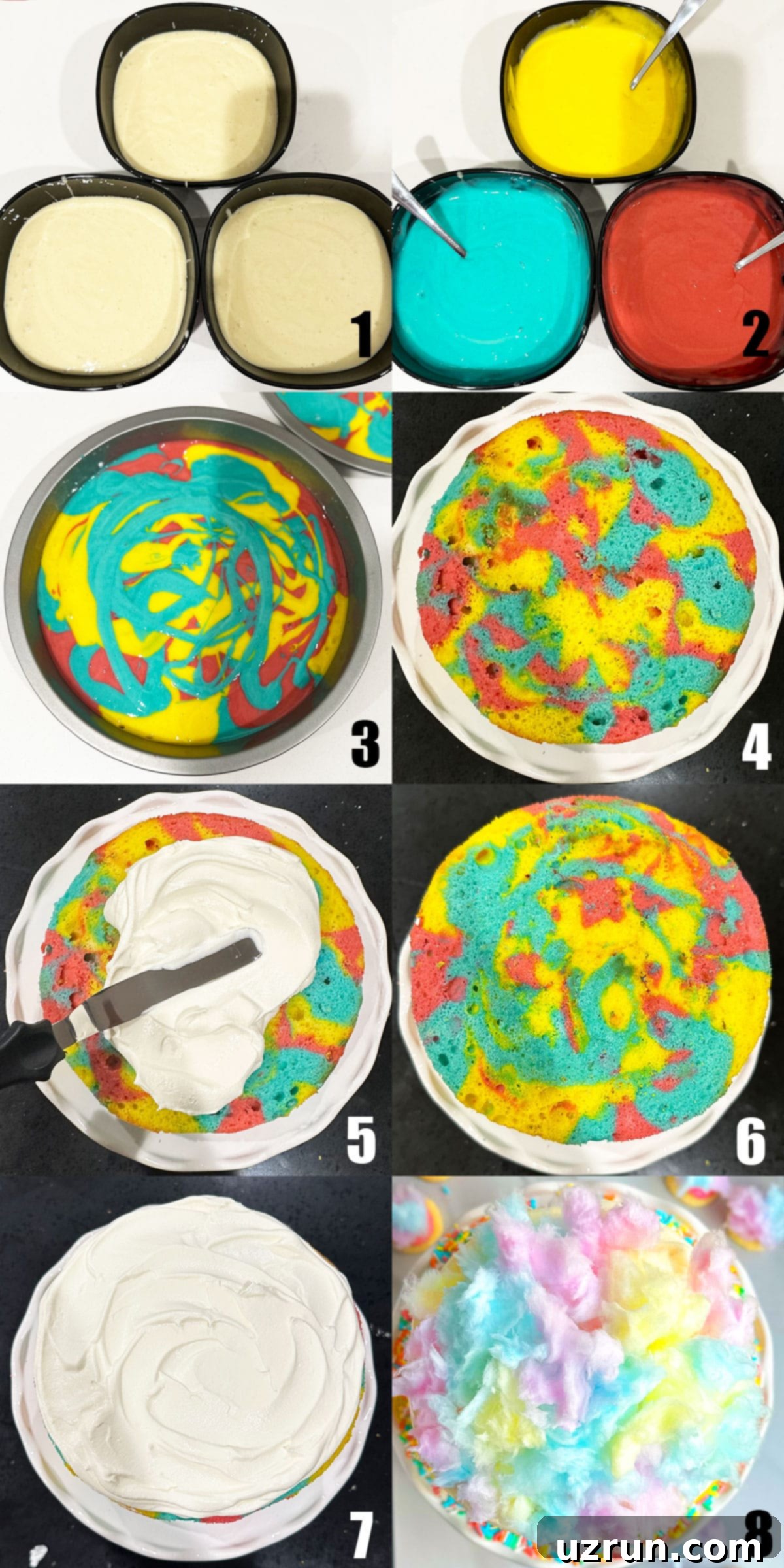 Whimsical Cake Mix Cotton Candy Cake 5 Collage Image With Step by Step Process Shots on How to Make Cotton Candy Layer Cake.