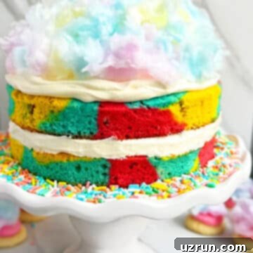 Whimsical Cake Mix Cotton Candy Cake 7 Easy Cotton Candy Cake With Whipped Cream Frosting on White Cake Stand.