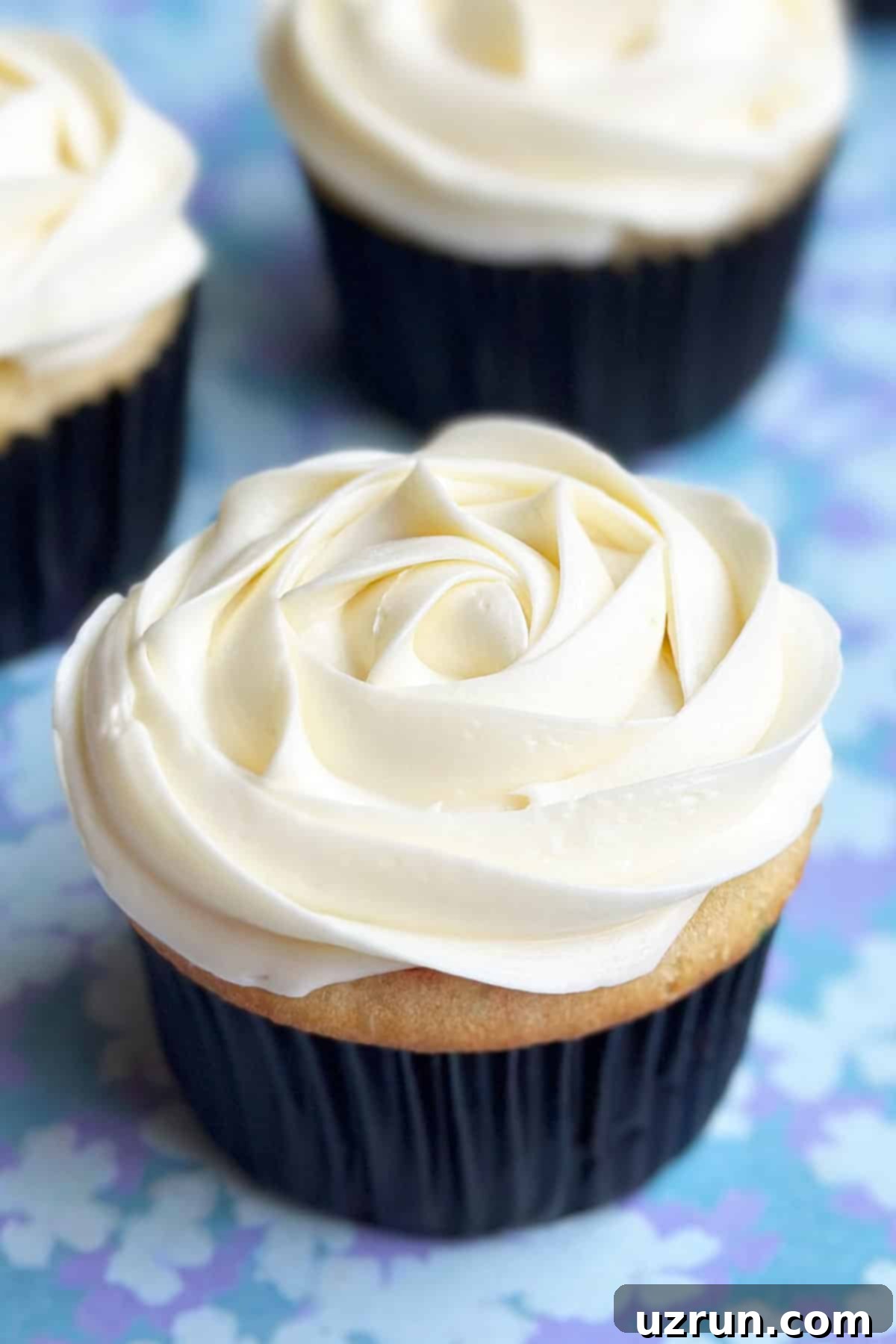 Moist Almond Sour Cream Cupcakes 3 WASC Cupcakes in Black Liner on Patterned Blue Background.