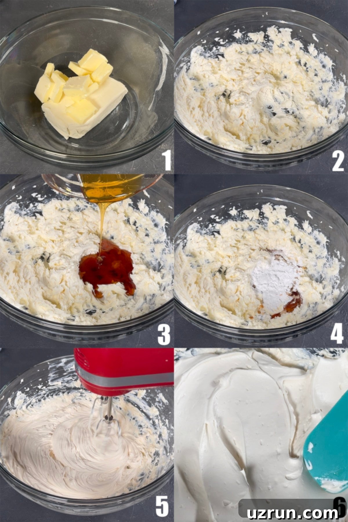 Honey Frosting: Simply Sweet, No Powdered Sugar 4 Collage Image With Step by Step Process Shots on How to Make Honey Cream Cheese Frosting.