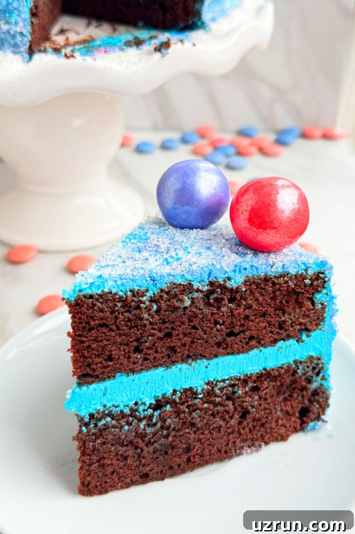 Stress-Free Baby Shower Gender Reveal Cake 5 Slice of Chocolate Cake With Blue Buttercream Icing on White Dish.