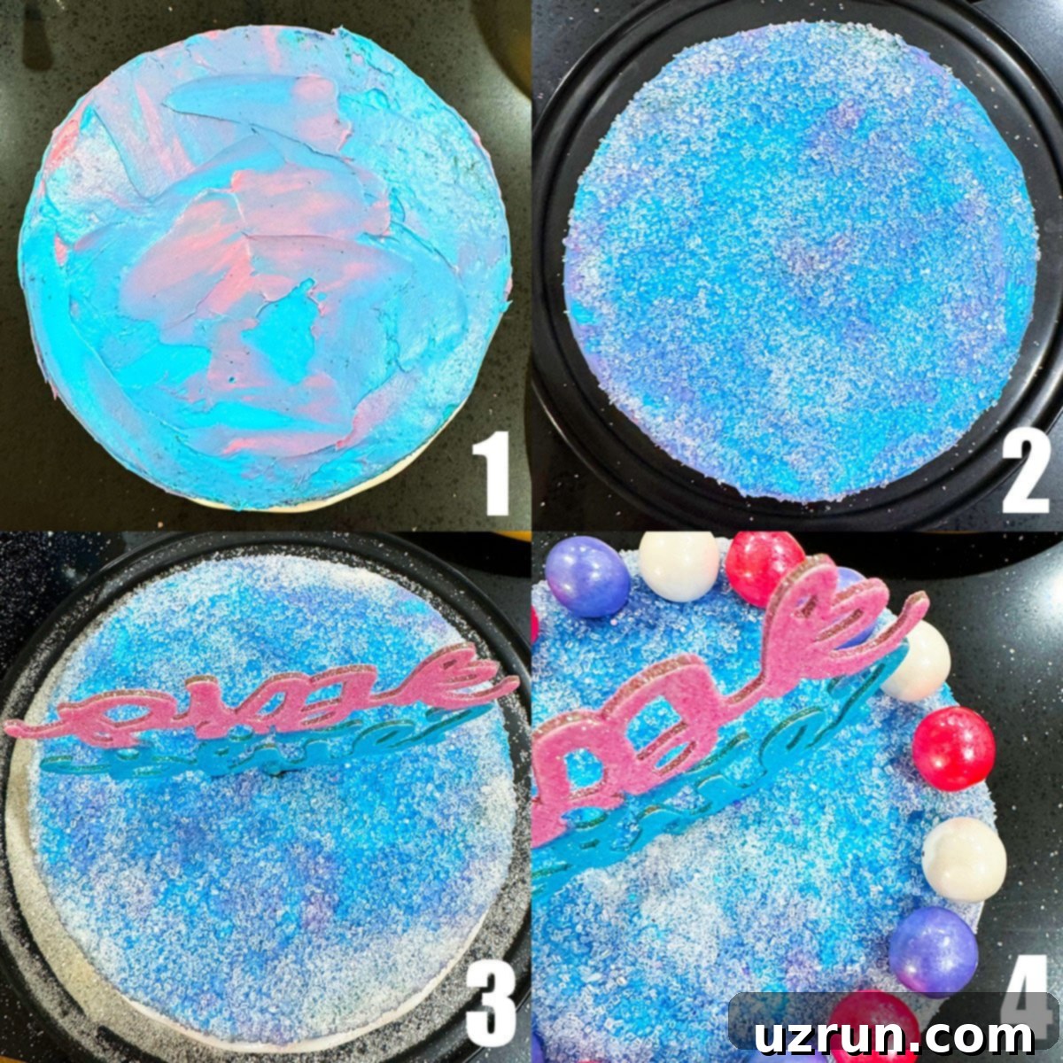 Stress-Free Baby Shower Gender Reveal Cake 6 Collage Image With Step by Step Process Shots on How to Make Gender Reveal Cake.