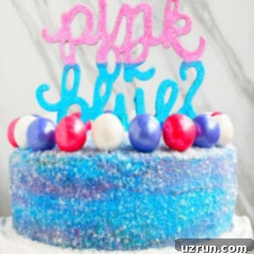 Stress-Free Baby Shower Gender Reveal Cake 8 Easy Homemade Gender Reveal Cake With Pink and Blue Buttercream Icing on White Dish.