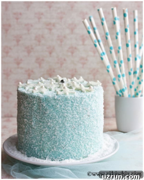 Winter Snowflake Cake 4 Beautiful Winter Cake with Blue Icing, Sparkling Sugar, and a Melted Chocolate Snowflake on a White Serving Dish, ready for a festive celebration.