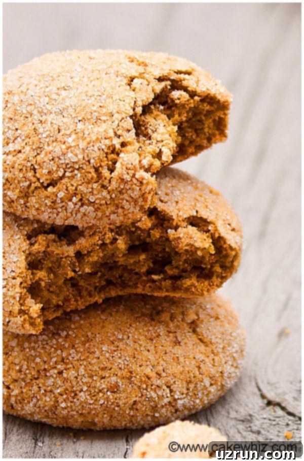Soft Chewy Ginger Molasses Cookies 4 Stacked Homemade Candied Ginger Cookies- Closeup Shot