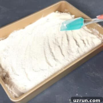 Easy Cake Mix Apple Dump Cake 6 Cake mix powder being spread out evenly with a spatula.