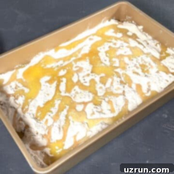 Easy Cake Mix Apple Dump Cake 7 Melted butter poured on top of cake mix powder.