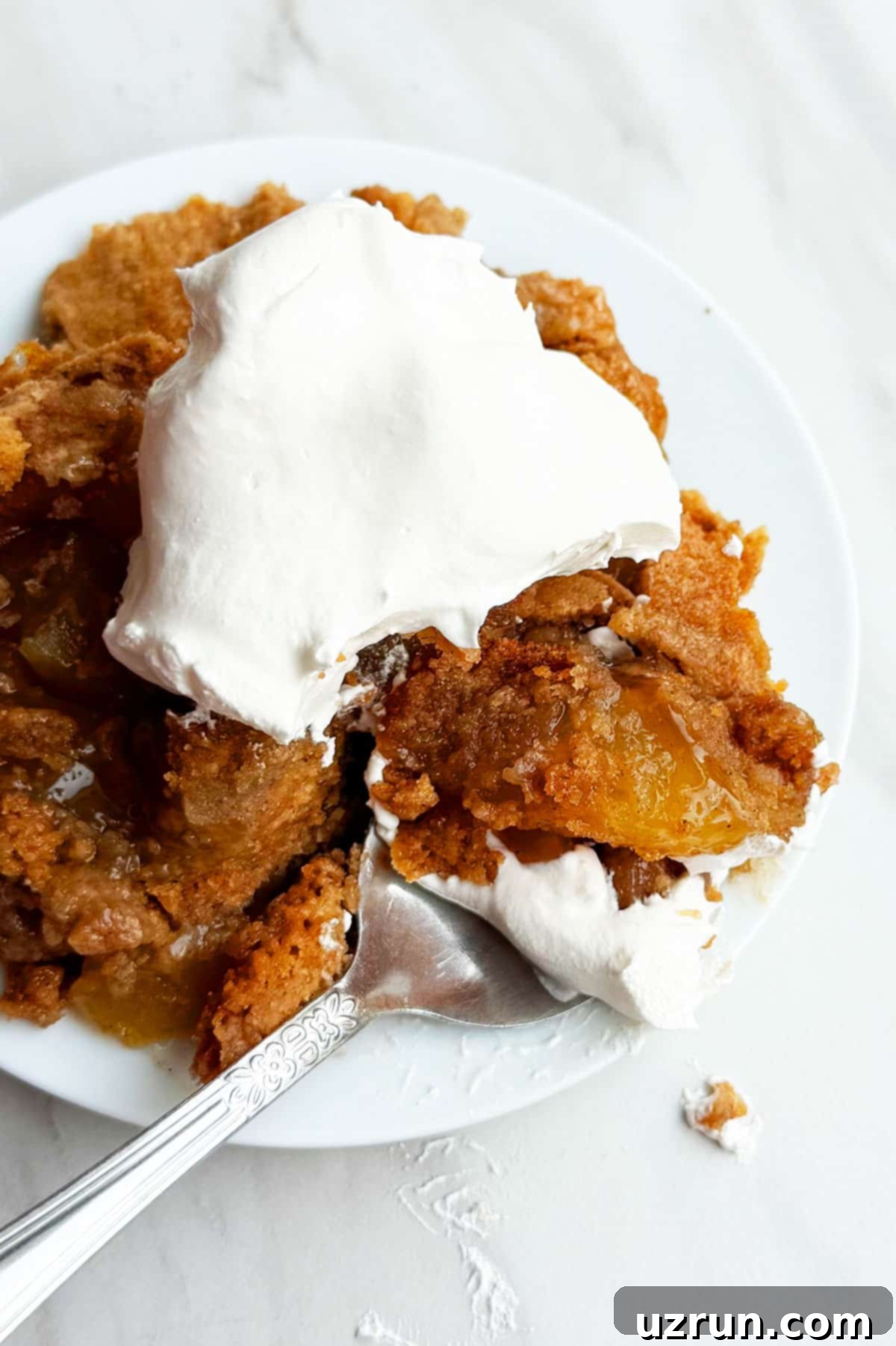 Easy Cake Mix Apple Dump Cake 10 Closeup Shot of Spoonful of Cake With Whipped Cream.
