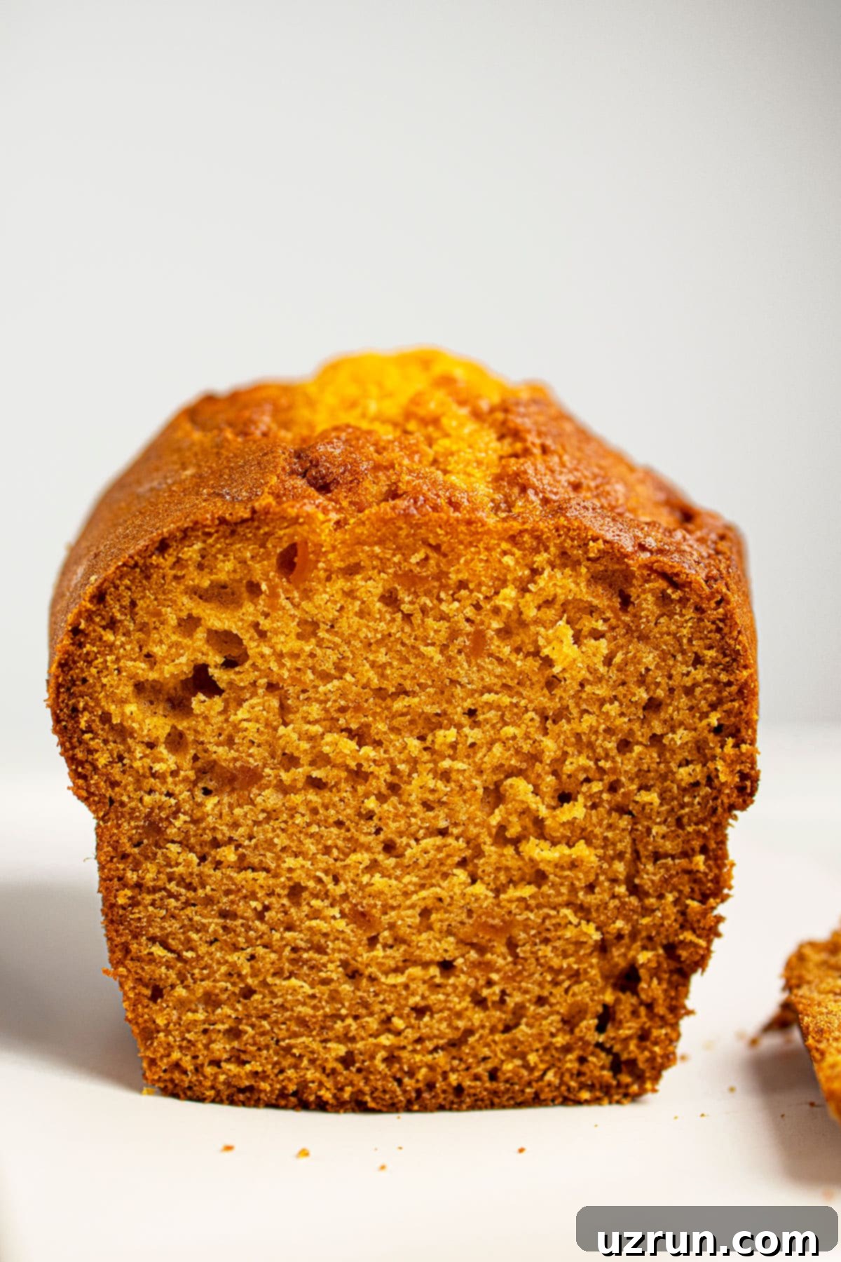 Easy Pumpkin Banana Bread Loaf With Cake Mix on White Dish.
