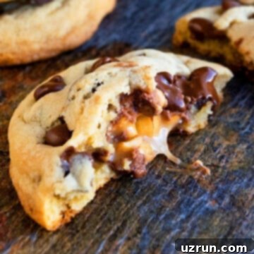 Salted Caramel Chocolate Chip Cookies 14 Easy Stuffed Salted Caramel Chocolate Chip Cookies That Are Partially Eaten on Rustic Background.