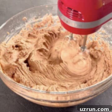 Creamy Nutella Hazelnut Buttercream 12 Final mixing of ingredients in glass bowl with hand mixer to achieve perfect consistency.