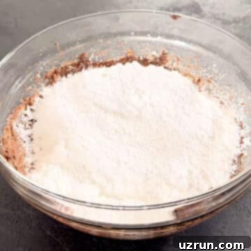 Creamy Nutella Hazelnut Buttercream 6 Powdered sugar being added to the Nutella and butter mixture in a glass bowl.