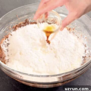 Creamy Nutella Hazelnut Buttercream 8 Vanilla extract being drizzled into the glass bowl before mixing.