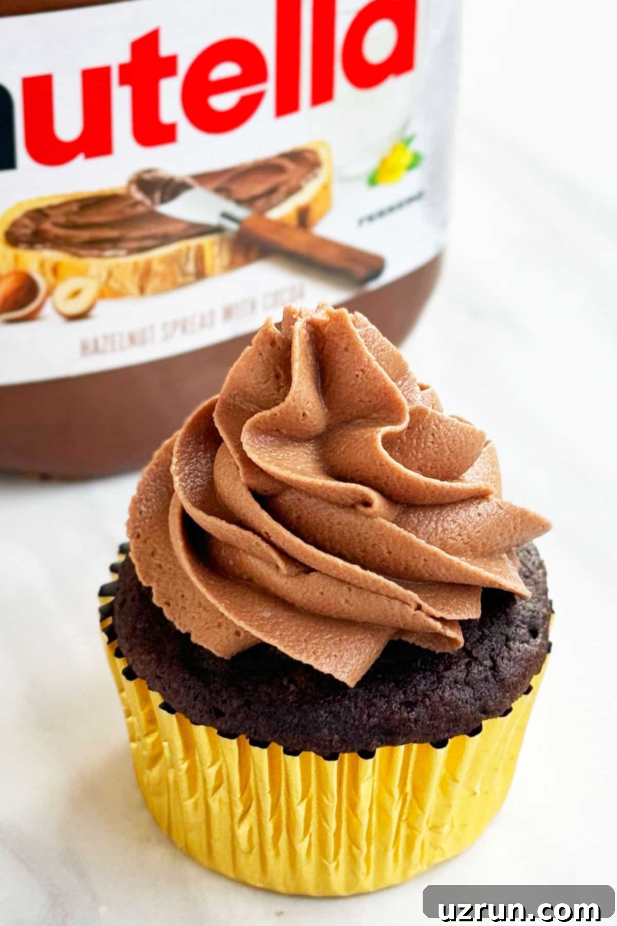 Easy Nutella Cupcakes With Cake Mix Topped With Swirl of Chocolate Hazelnut Buttercream. 
