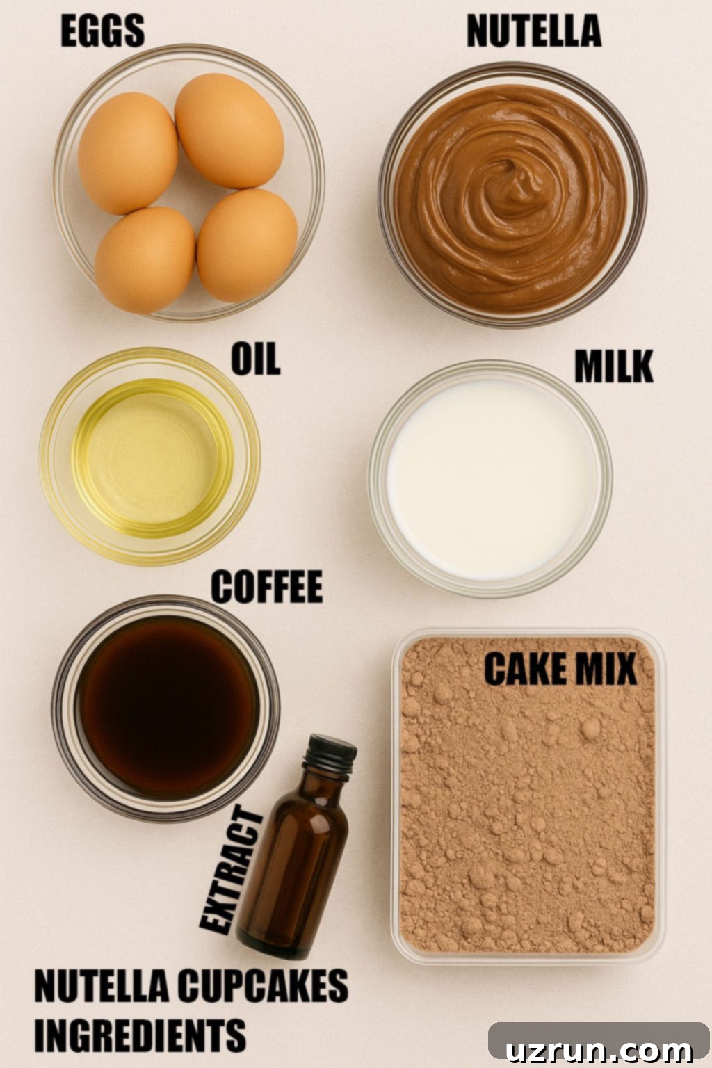 Effortless Nutella Cupcakes with Cake Mix 3 Ingredients in Separate Bowls.