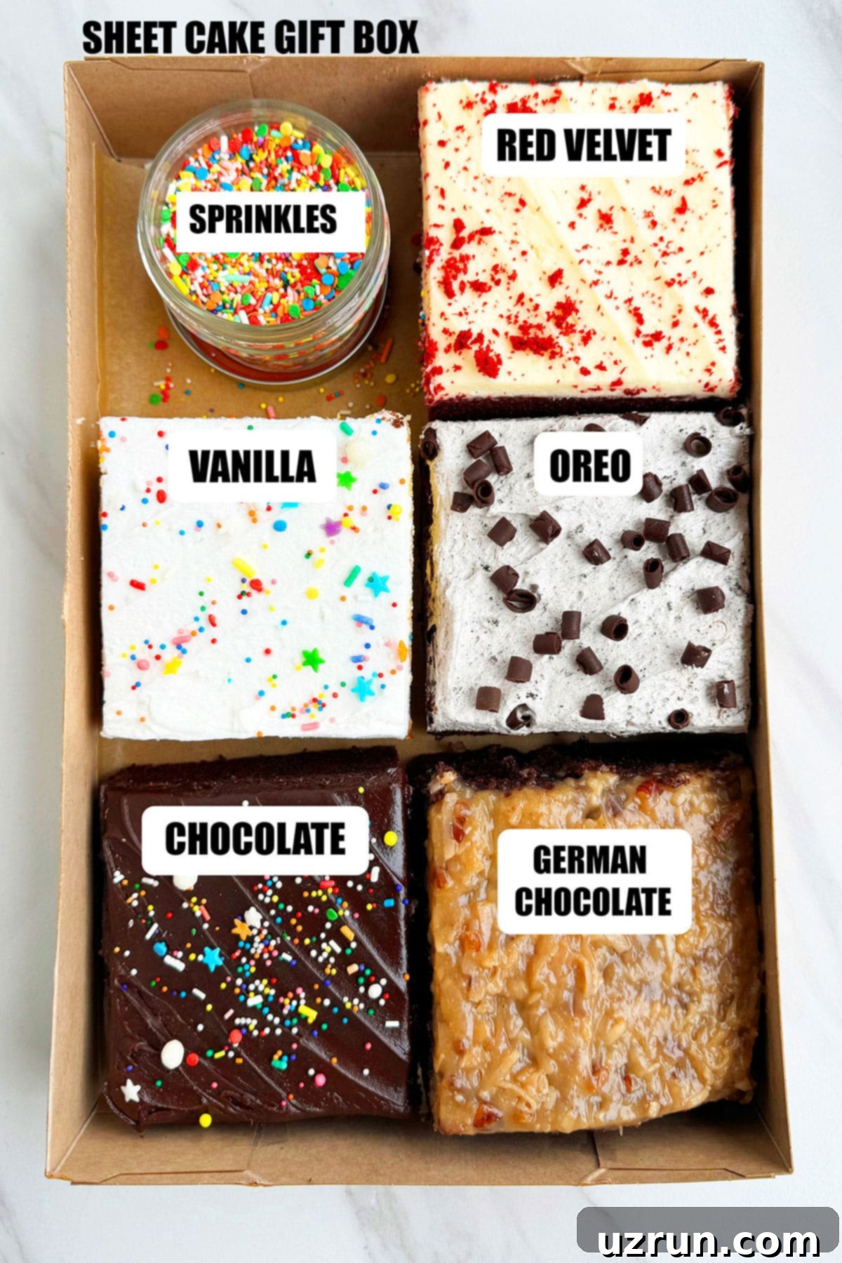 Easy Homemade Food Gifts for Christmas 11 Homemade Sheet Cake Gift Box on White Marble Background- 5 Flavors.