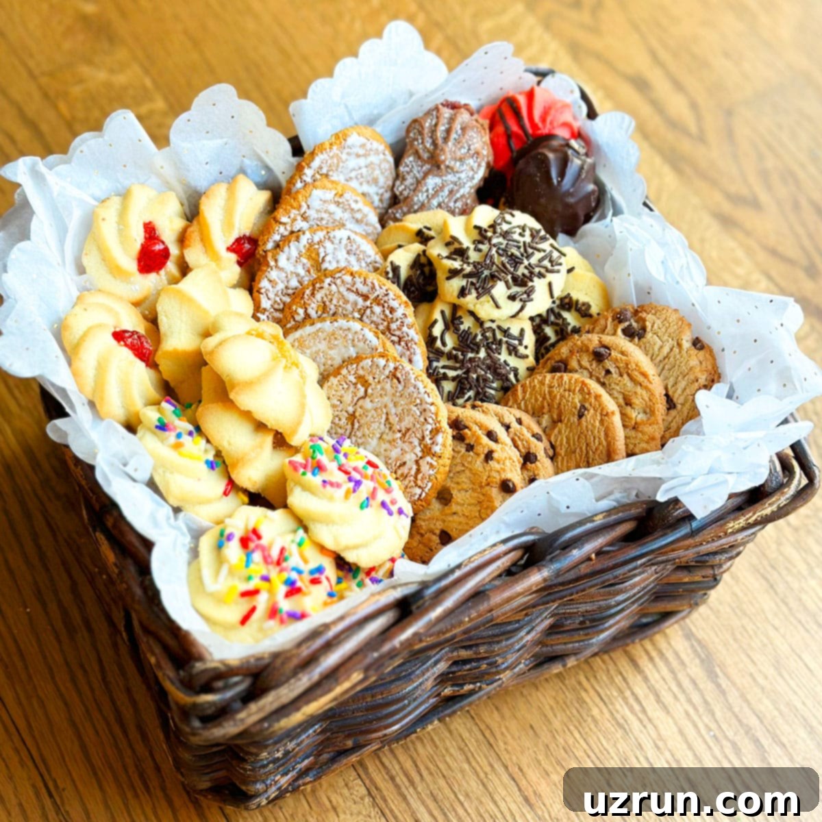 Easy Homemade Food Gifts for Christmas 18 Homemade Cookie Basket Gift on Wood Background.