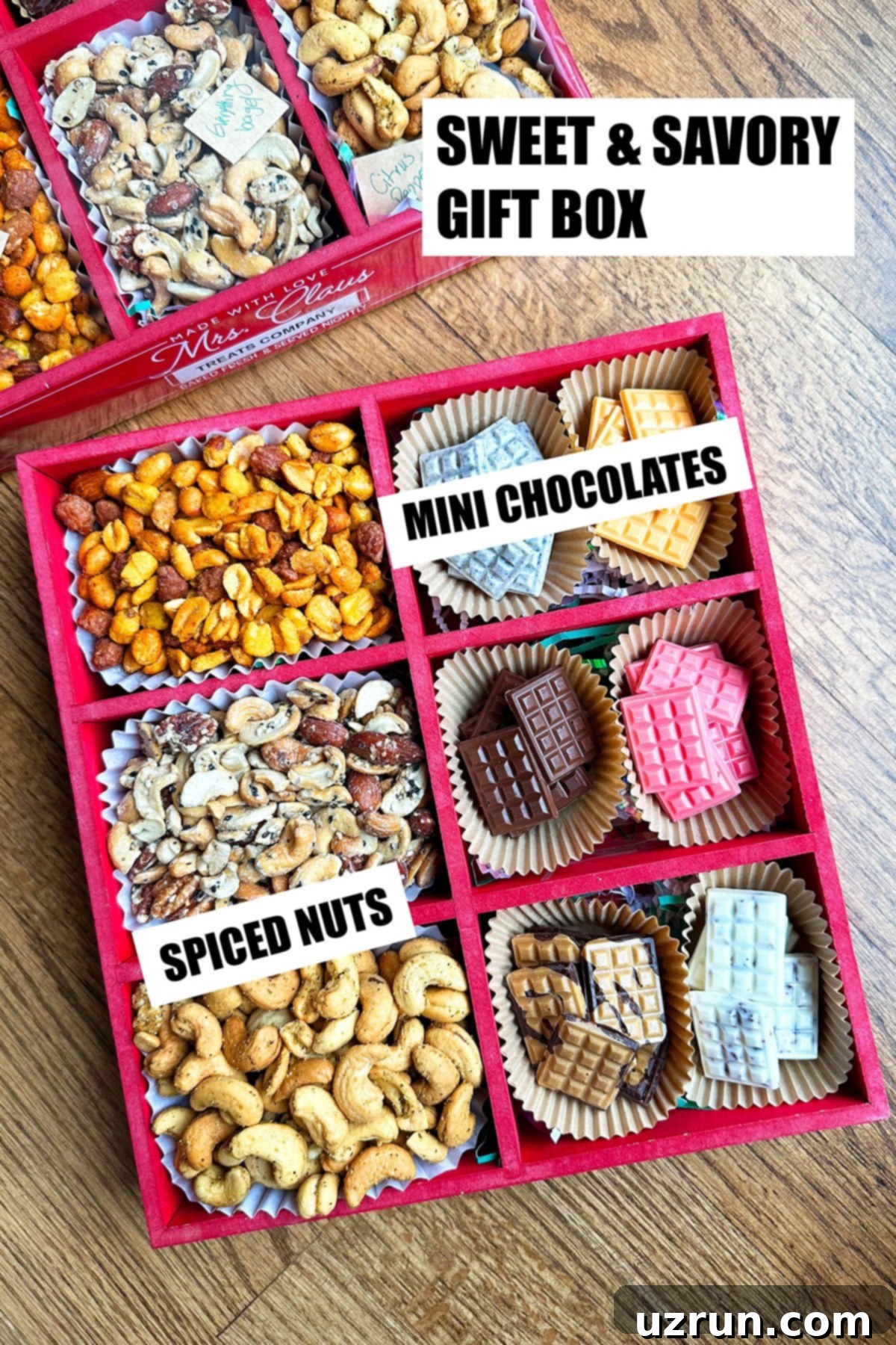 Easy Homemade Food Gifts for Christmas 22 Homemade Sweet and Savory Gift Box on Wood Background.