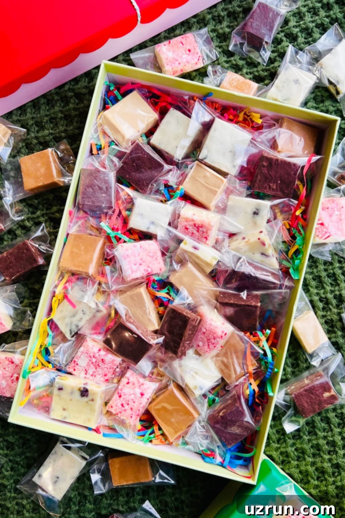 Easy Homemade Food Gifts for Christmas 24 Homemade Fudge Gift Box on Green Blanket.