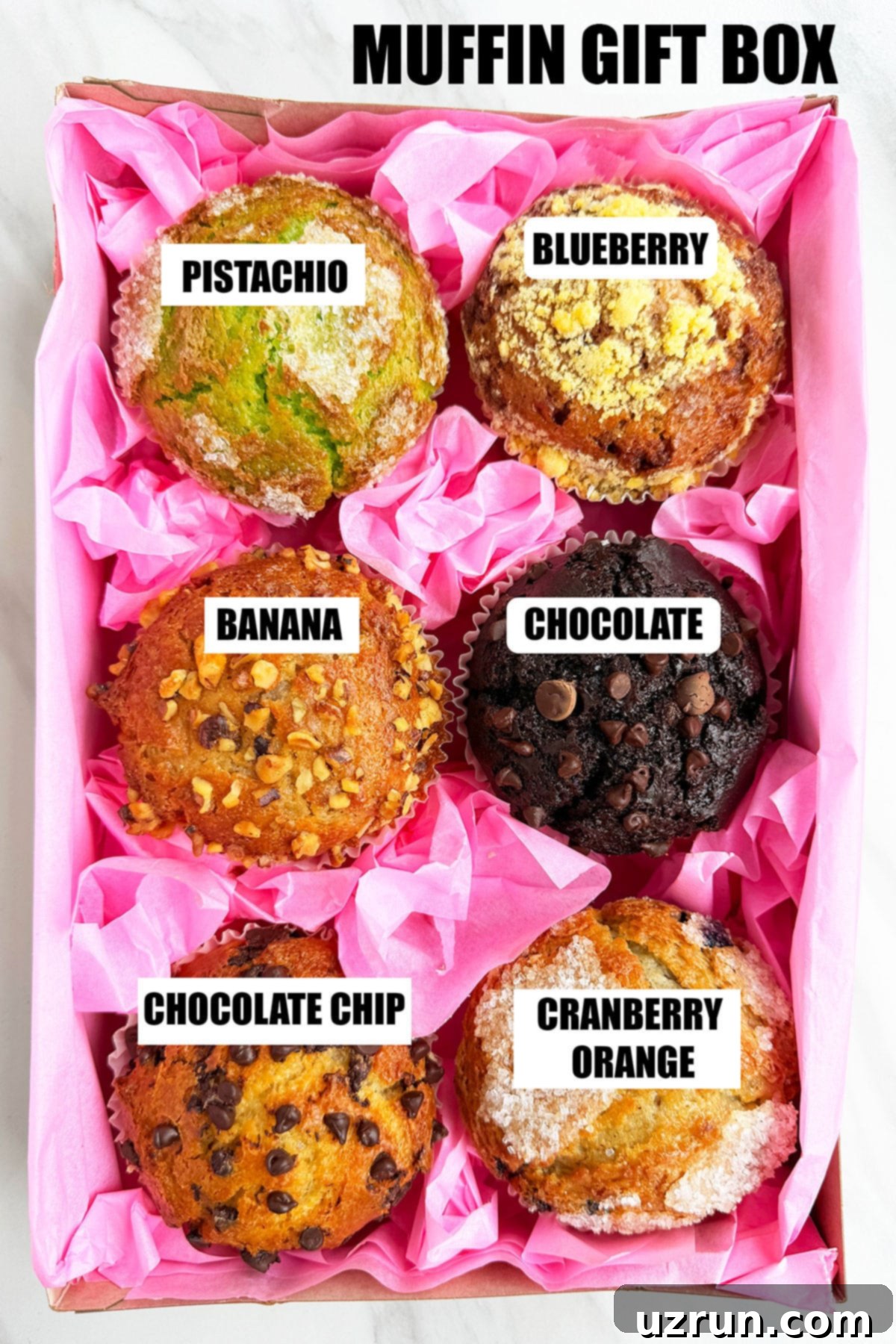 Easy Homemade Food Gifts for Christmas 29 Homemade Muffin Gift Box on White Marble Background- 6 Flavors.