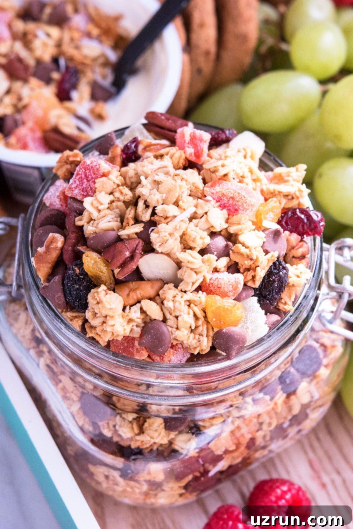 Easy Homemade Food Gifts for Christmas 31 Homemade Granola Gift in Glass Jar on Large Tray With Fruits and Yogurt.