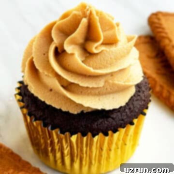 Easy Cake Mix Biscoff Cupcakes 4 Easy Biscoff Cupcakes With Cookie Butter Frosting in Golden Liners on White Marble Background. A trio of frosted Biscoff cupcakes.