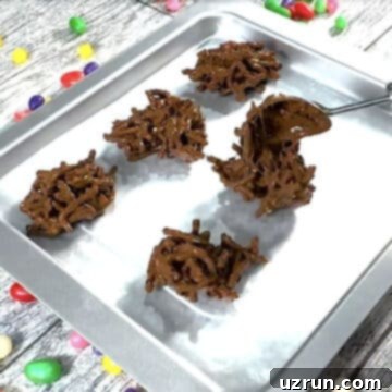Easy No-Bake Chocolate Haystacks 9 Chow mein cookie clusters being scooped onto lined tray.