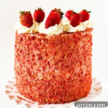 Layered Strawberry Crunch Cake With Cake Mix Box Covered in Buttercream Frosting and Crunchy Topping and Fresh Strawberries on White Dish.