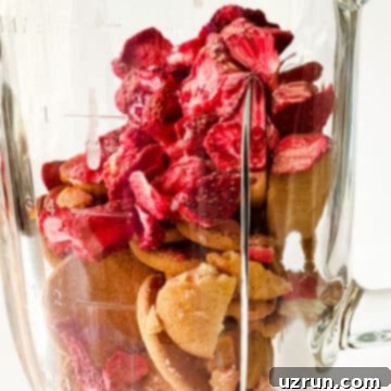 Freeze dried strawberries and Nilla wafers in food processor. 